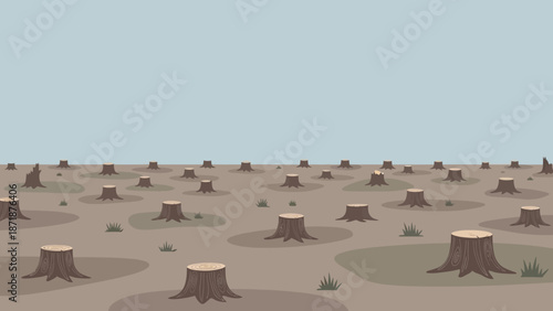 Environmental Deforestation Scene: An illustration revealing the stark aftermath of deforestation, with numerous tree stumps dominating the barren landscape under a neutral sky.