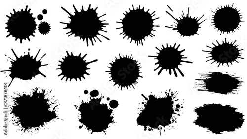 Versatile collection of black ink splatters and grunge textures. Dynamic paint stains, liquid drips, and blotches for creative design projects and artistic backgrounds