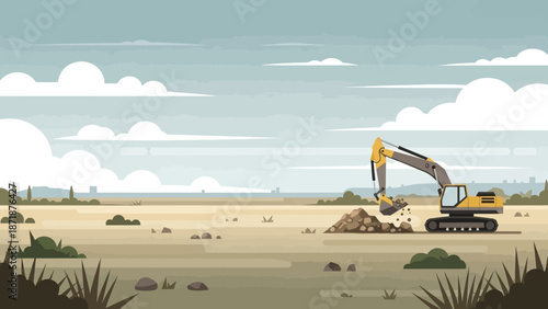 Construction in Progress: A solitary excavator diligently works on a vast expanse of land, symbolizing the initial stages of a construction project. This scene showcases the power of industry.