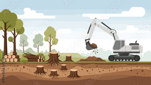Deforestation: Depiction of deforestation caused by heavy machinery with environmental concern.