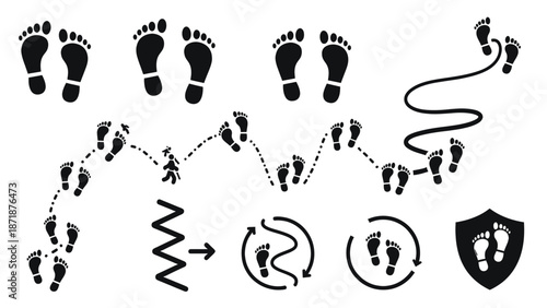 Footprints Collection: A diverse compilation of footprint illustrations, representing various forms of human movement, from linear steps to intricate paths. The images showcase a range of patterns.