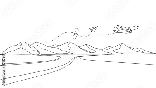 Journey's Progression: A sketch of an airplane with a paper plane trail against a mountainous landscape, capturing the essence of travel and exploration.