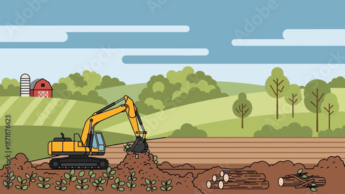 Industrial Landscape: A heavy excavator meticulously works on a construction site, reshaping the land with precision. Trees and a barn can be seen on the distance.