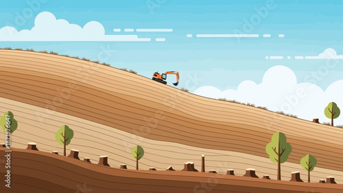 Earth Mover and Landscape: An illustration of an earth mover diligently working on a vast landscape, symbolizing construction and environmental change.