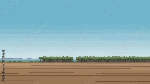 Serene Forest Vista: An expanse of earth and the vast expanse of the sky, with a strip of lush forest against the skyline, capturing a moment of tranquility and untouched wilderness.