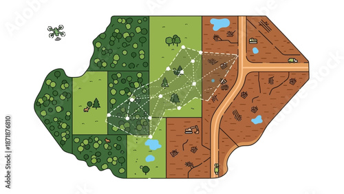 Aerial Drone Survey of Green Areas: An illustration depicting a drone surveying a mixed landscape of green spaces, farmland, roads, and waterways.