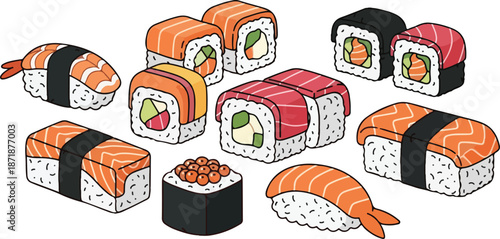 Delicious assortment of fresh Japanese sushi and maki rolls. Features diverse seafood nigiri, sashimi, and crafted rice dishes for an authentic culinary experience