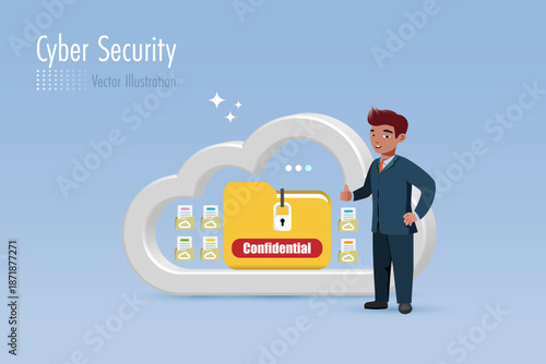Businessman thumb up with locked confidential folder in cloud computing data storage. Cyber security, data protection on digital files. Vector.