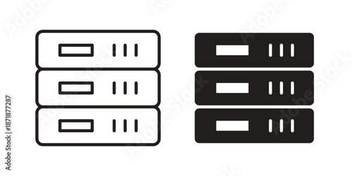 Server rack icons line and solid version, outline and filled vector design set