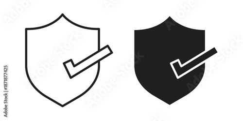 Shield check mark icons line and solid version, outline and filled vector design set