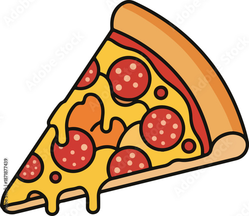 Delicious and vibrant cartoon illustration of a single slice of pepperoni pizza, generously topped with melted cheese, ready to eat as a quick meal or snack