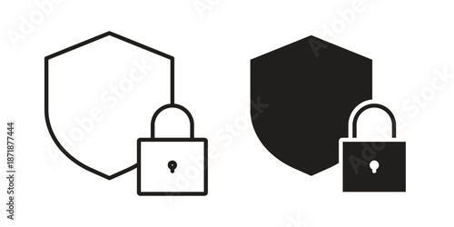 Shield lock icons line and solid version, outline and filled vector design set