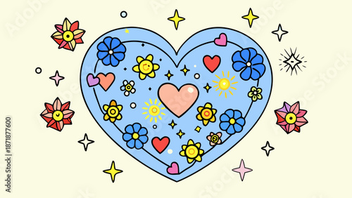 Whimsical heart filled with colorful flowers and stars Vector