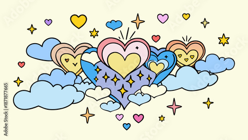 Whimsical hearts in a sky of stars and clouds Vector