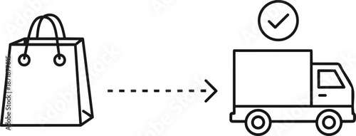 Shopping bag delivery truck with checkmark icon.