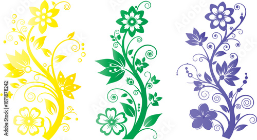 Three vibrant floral silhouette designs showcasing intricate botanical elements in bright yellow, rich green, and deep indigo gradient colors perfect for graphic art.
