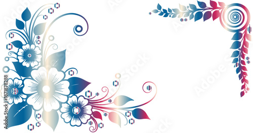 Elegant swirling floral corner design element featuring beautiful gradient shading in rich blues and pinks perfect for formal invitations or decorative frames