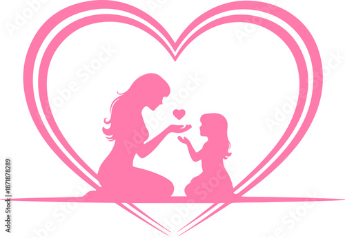 Silhouette of a loving mother and daughter sharing a small heart gesture framed beautifully within a prominent pink double heart outline symbolizing eternal family affection and care.
