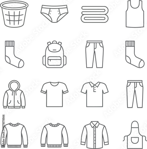 Clothes web line icons. Fashion icons. T-shirt, Pants, Jacket, Dress, Short, Shoe, Shirt symbols. vector illustrations. Editable Stroke
