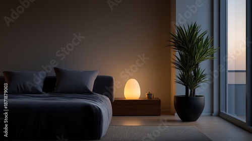 Minimalist Bedroom Interior with Smart Lighting Ambiance and Evening Mood
