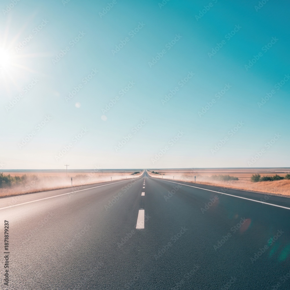Fototapeta premium Asphalt highway stretching to horizon under a bright sun, flanked by dry fields