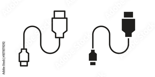 USB cable icons line and solid version, outline and filled vector design set