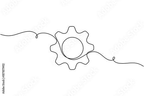 Gear icon continuous one line drawing on white background minimalist machinery outline vector illustration