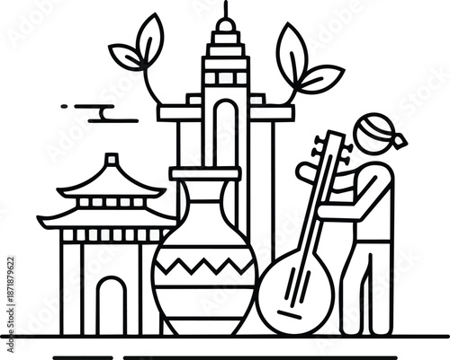 Person Playing Traditional Instrument Near Asian Architecture and Pottery.