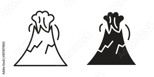 Volcano icons line and solid version, outline and filled vector design set