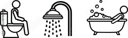 Bathroom icons set featuring person on toilet, shower head with water drops, and man in bathtub with bubbles, black line vector illustrations.