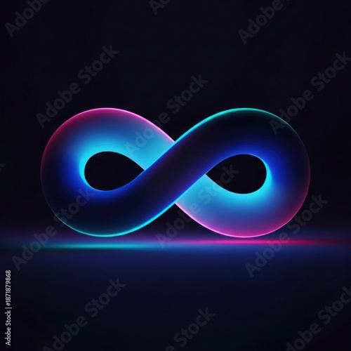 Glowing, 3D infinity symbol with a gradient of blue and pink on a dark background