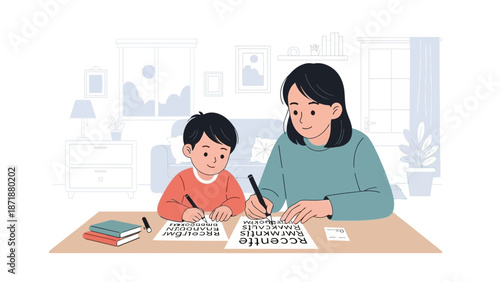 A mother assists her child with homework at a desk in a well-lit home environment