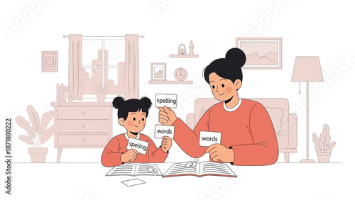 A mother and daughter sitting at a table in a living room, reading together and sharing notes