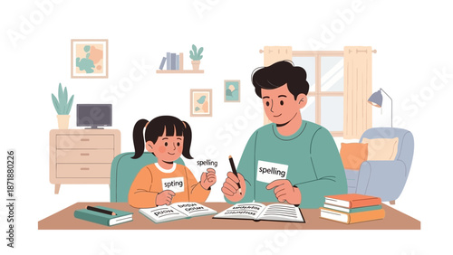 A man and child studying together at a desk in a cozy home office environment from a slightly elevated viewpoint