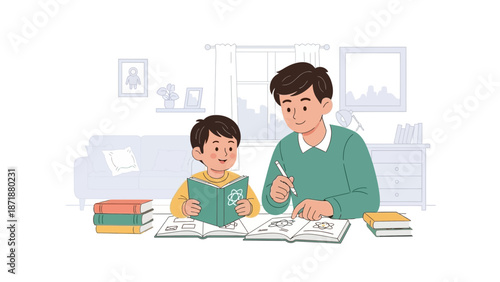 Father and son studying together at home with books and papers scattered around them
