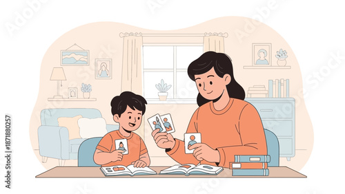 Mother and child engaging in a card game together at a wooden table in a cozy living room
