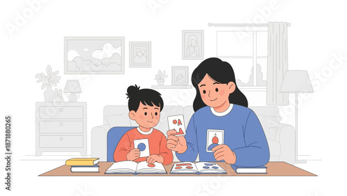 A mother and child engaging in a learning activity together at a desk in a cozy home environment