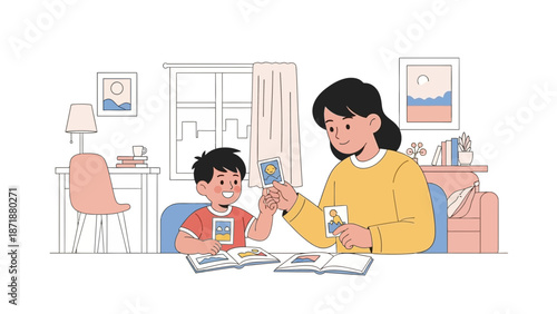 Woman Assisting Young Boy with Educational Activity in a Cozy Home Environment from a Slightly Elevated Viewpoint