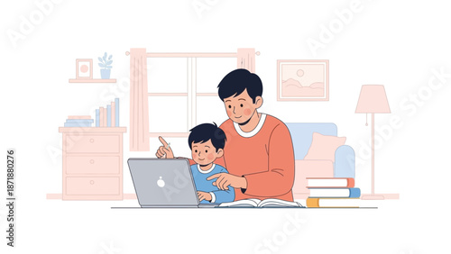 Father and son working together on a laptop in a cozy living room with books and a lamp nearby