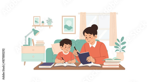Mother and child studying together at home in a cozy living room