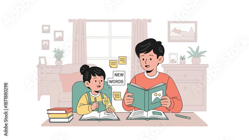 Two children reading books together at a desk in a cozy home study room with a window