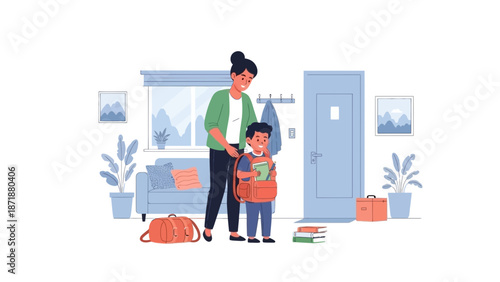 A mother helps her child prepare for school in a cozy home environment