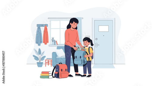 A mother helping her child prepare for school in a cozy home environment