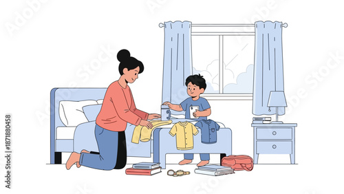 A mother and child engaging in a playful activity together on a bed in a serene bedroom with soft lighting and calming colors