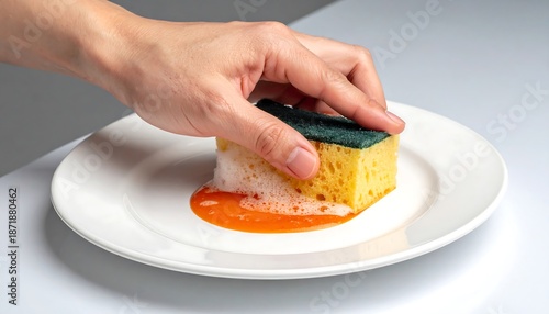 Hand cleaning a plate with a sponge and dish soap.