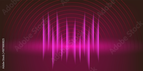 The background has a dark pink tone, which resembles a sound wave made up of high and low lines. There are pink dots and circles around it to create depth and interest in the image.
