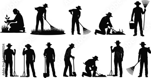 Black gardener and farmer silhouettes icon set, people planting, raking and digging with garden tools, botanical farming vector illustration elements for agricultural design, isolated