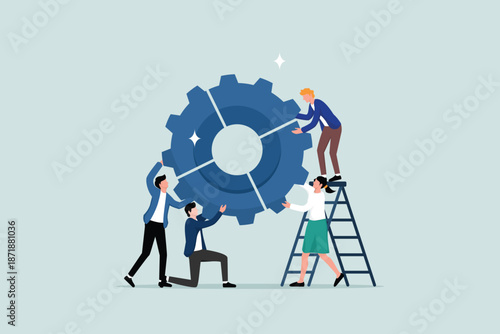Business integration, partnerships to get solutions, connections or teamwork, work efficiency, businesspeople and colleagues connected like gears.