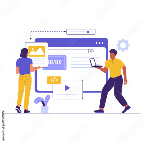 Two developers creating UI/UX design on a large screen with coding and graphics elements.