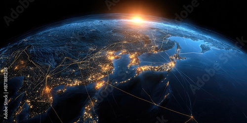 Earth at night, city lights glowing under a sunrise and atmospheric haze